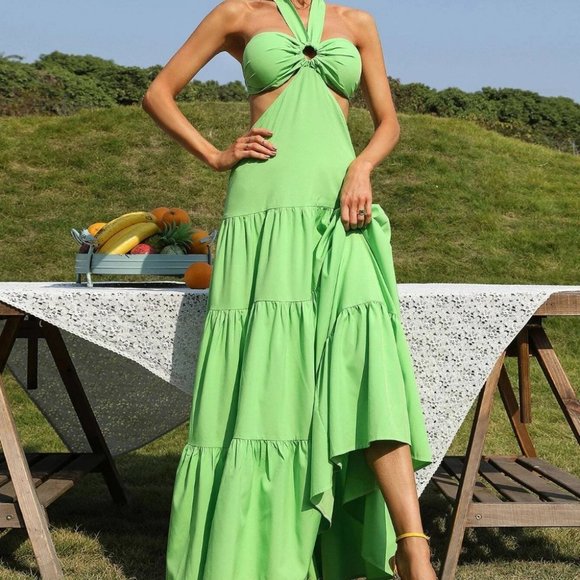 Green Ruffle Hem Tie Backless Maxi Halter Dress - Picture 7 of 9